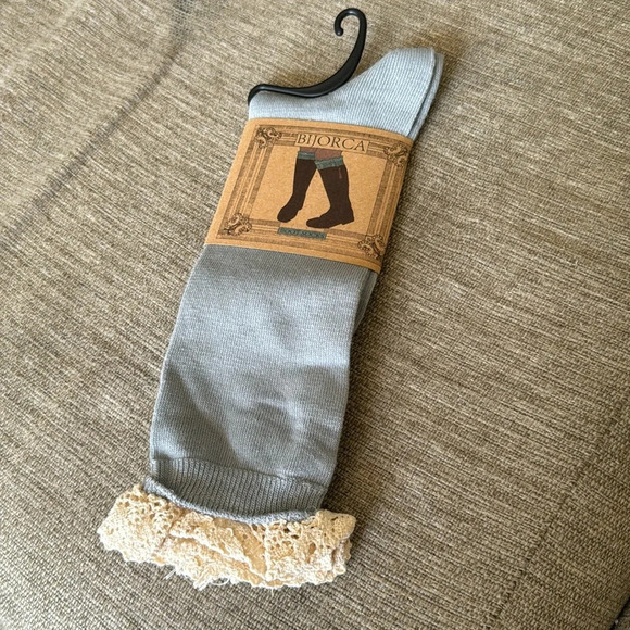 Bijorca crochet lace trim knee boot socks baby blue with ivory lace - Picture 1 of 6